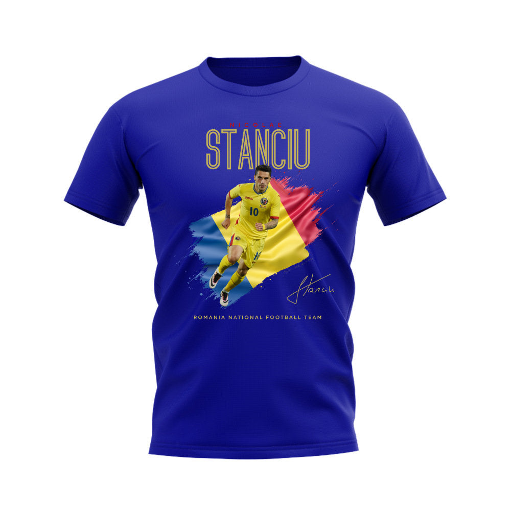 Nicolae Stanciu Flag and Player Romania T-Shirt (Blue)  UKSoccershop   