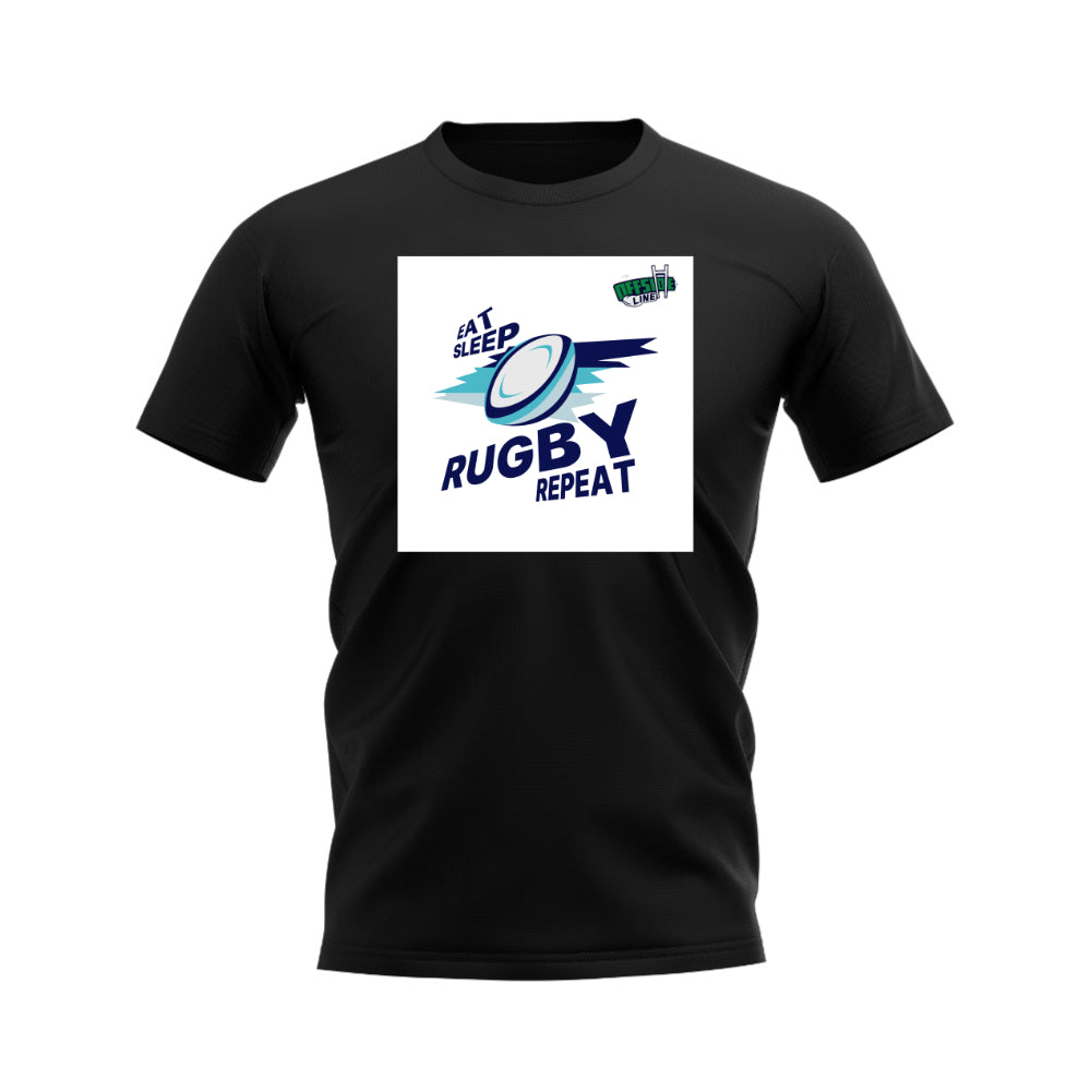 Eat, Sleep, Rugby Repeat T-Shirt - Version 5 (Black/White) UKSoccershop