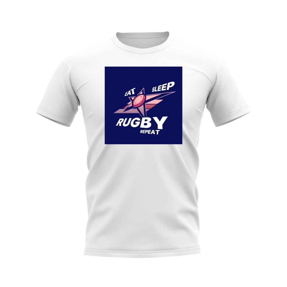 Eat, Sleep, Rugby Repeat T-Shirt - Version 2 (White/Navy) UKSoccershop