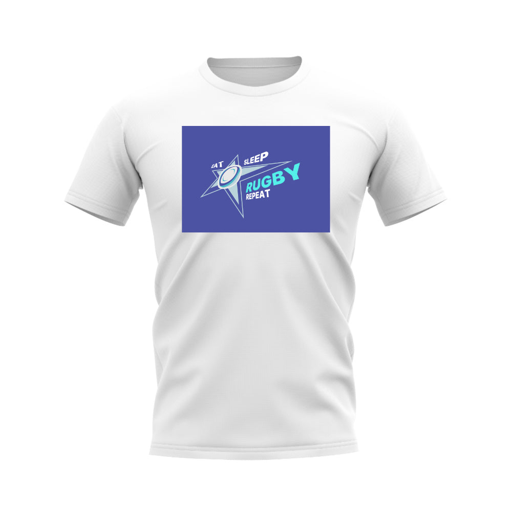 Eat, Sleep, Rugby Repeat T-Shirt - Version 1 (White/Blue) UKSoccershop