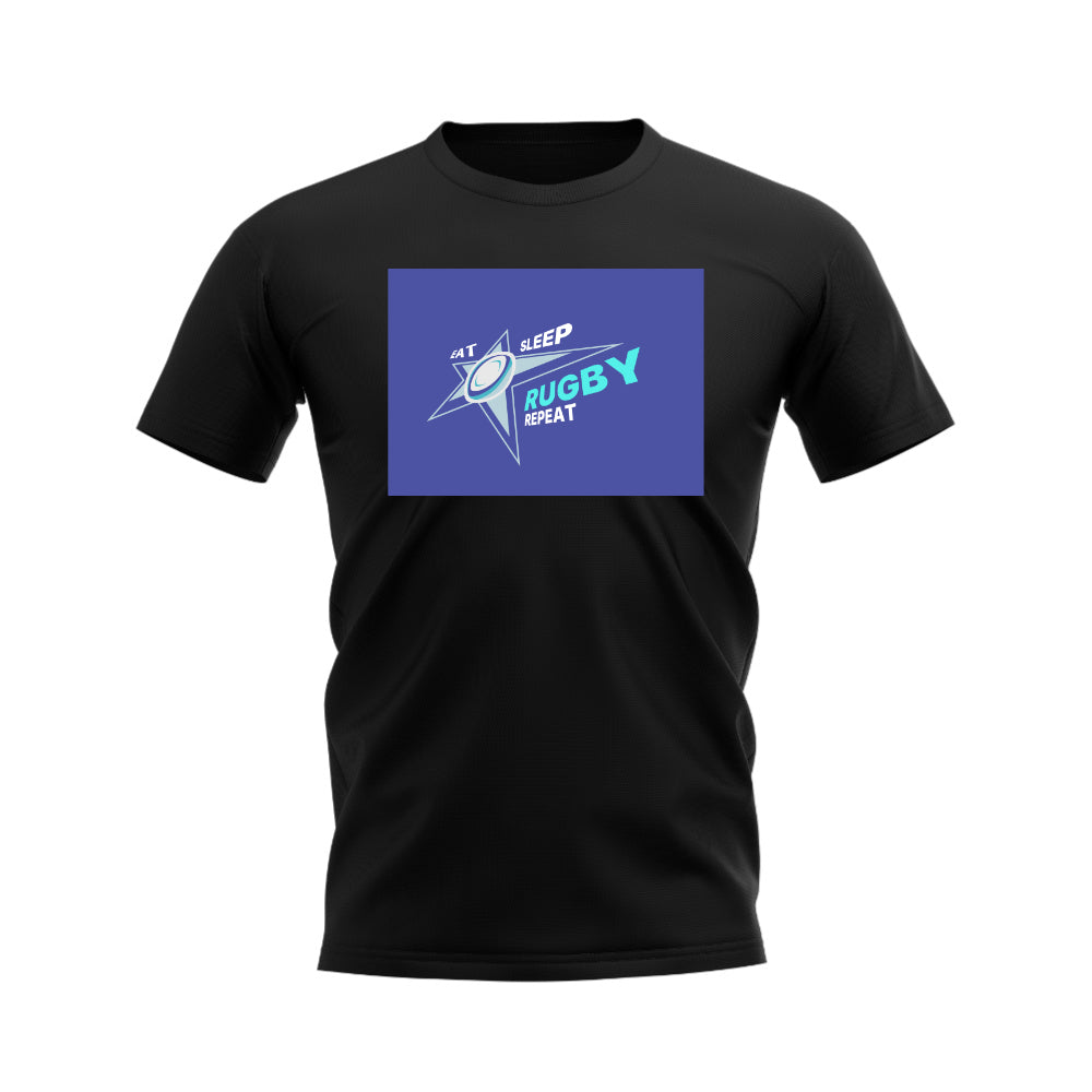 Eat, Sleep, Rugby Repeat T-Shirt - Version 1 (Black/Blue) UKSoccershop