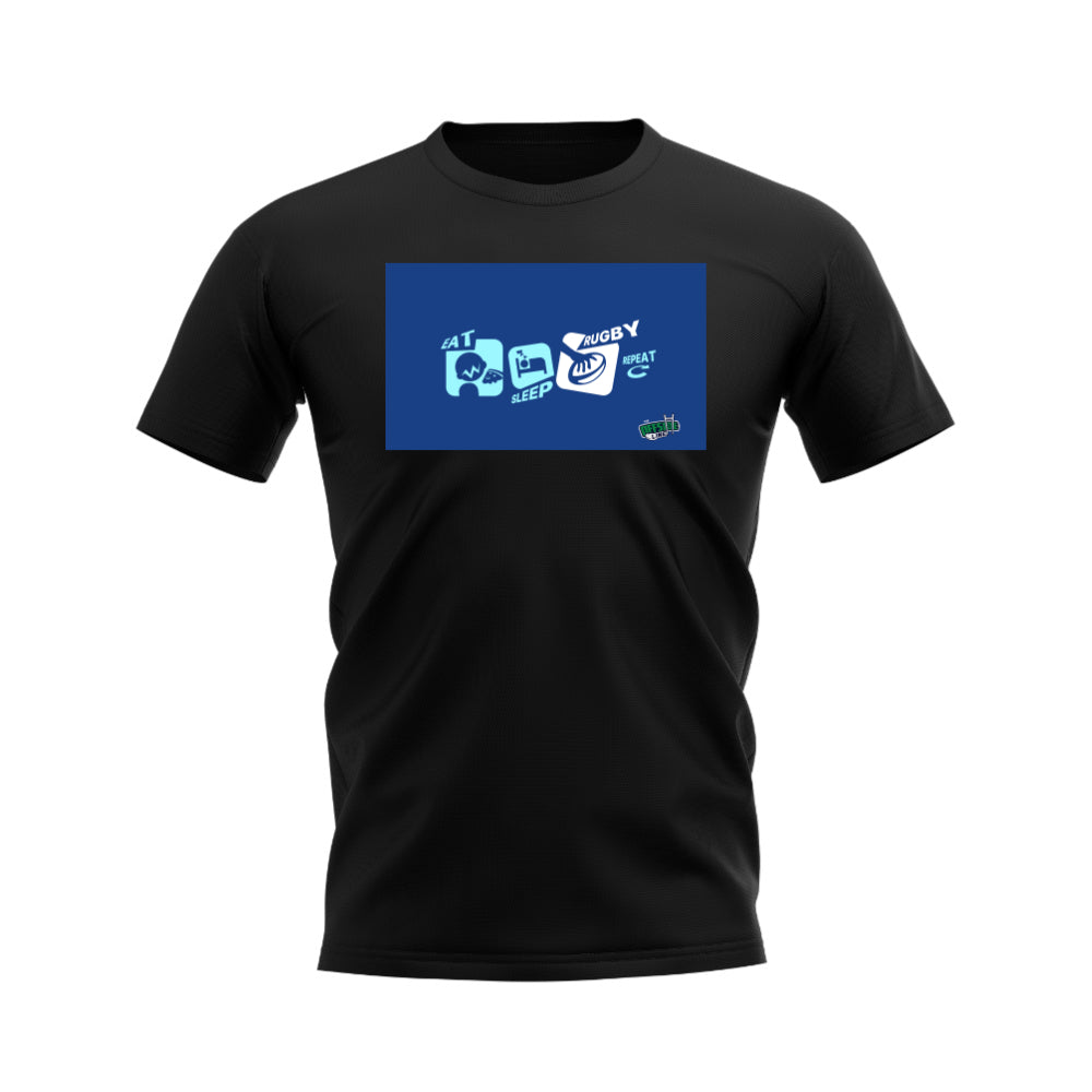 Eat, Sleep, Rugby Repeat T-Shirt - Version 9 (Black/Blue) UKSoccershop