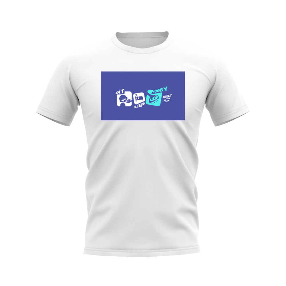 Eat, Sleep, Rugby Repeat T-Shirt - Version 10 (White/Blue) UKSoccershop