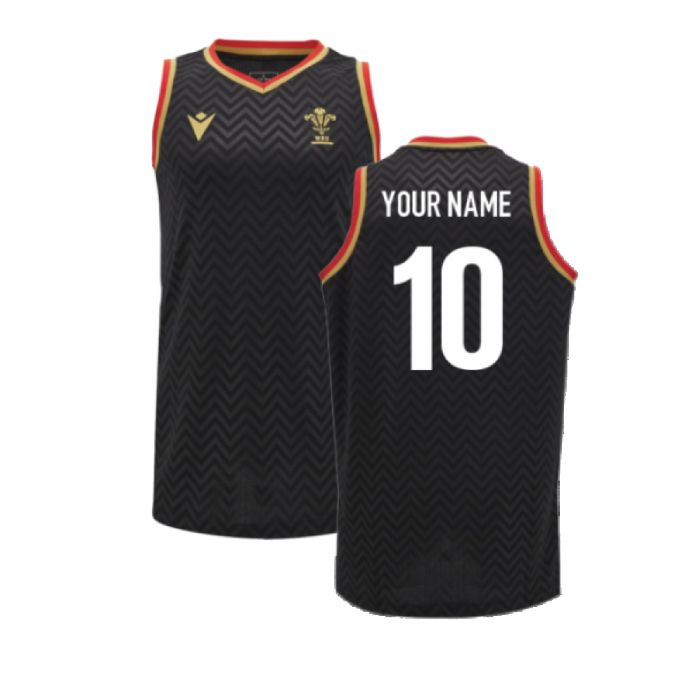 2024-2025 Wales Rugby Training Basketball Singlet (Black) (Your Name) Product - Hero Shirts Macron   