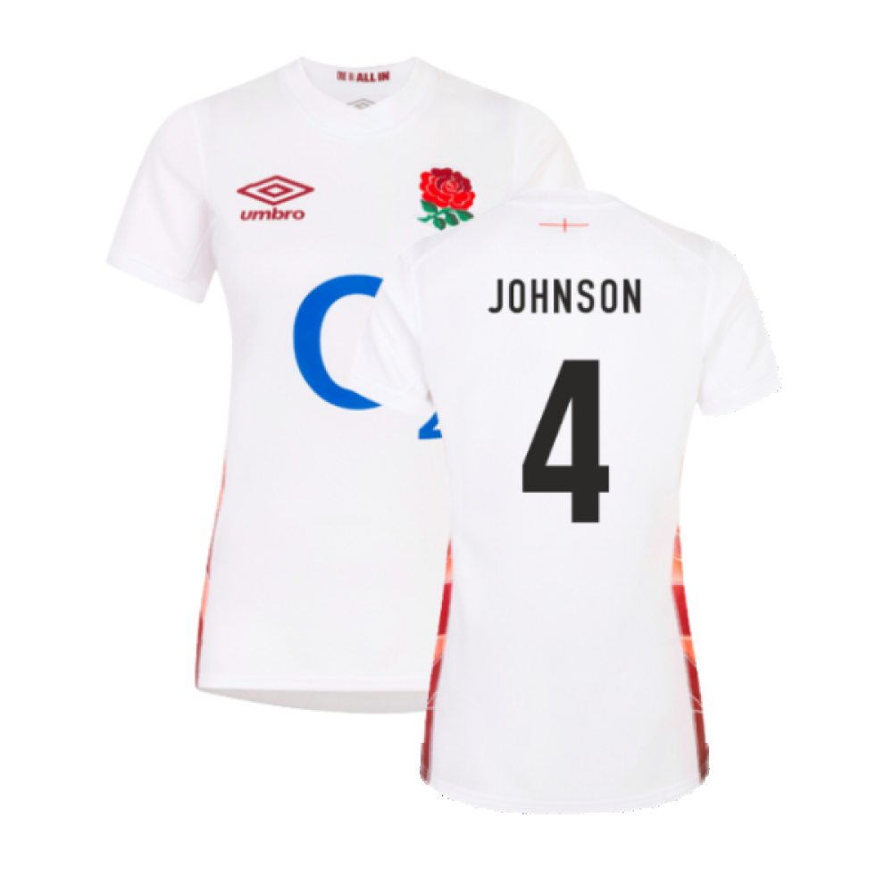 2023-2024 England Rugby Red Roses Rugby Jersey (Ladies) (Johnson 4) Product - Hero Shirts Umbro   