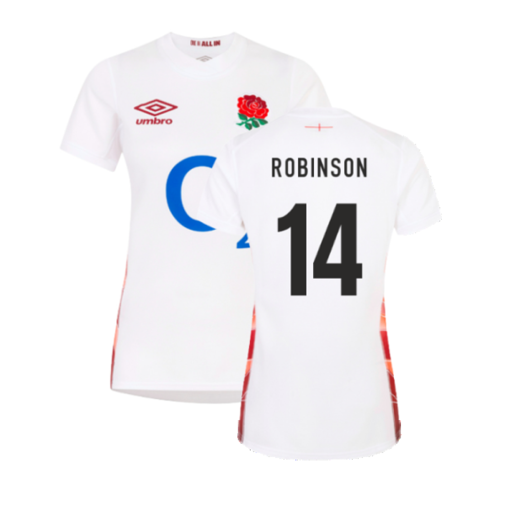 2023-2024 England Rugby Red Roses Rugby Jersey (Ladies) (Robinson 14) Product - Hero Shirts Umbro   