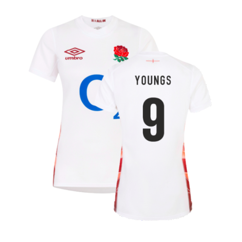 2023-2024 England Rugby Red Roses Rugby Jersey (Ladies) (Youngs 9) Product - Hero Shirts Umbro   